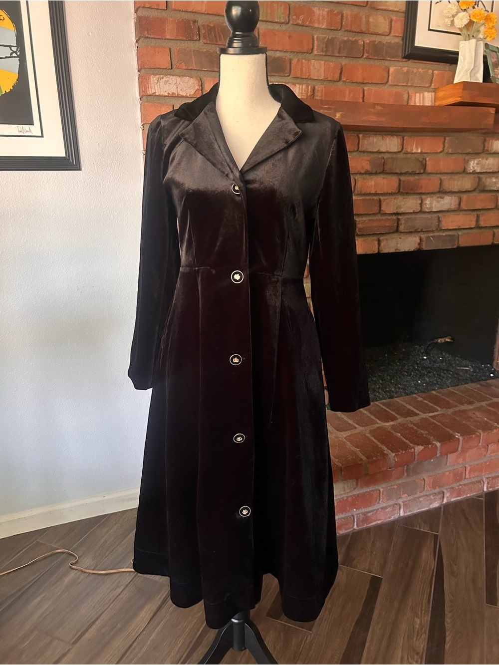 Simple Retro Velvet Vintage Inspired Trench Jacket Duster in Black Sz S